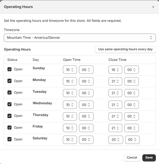 Configuring store opening hours
